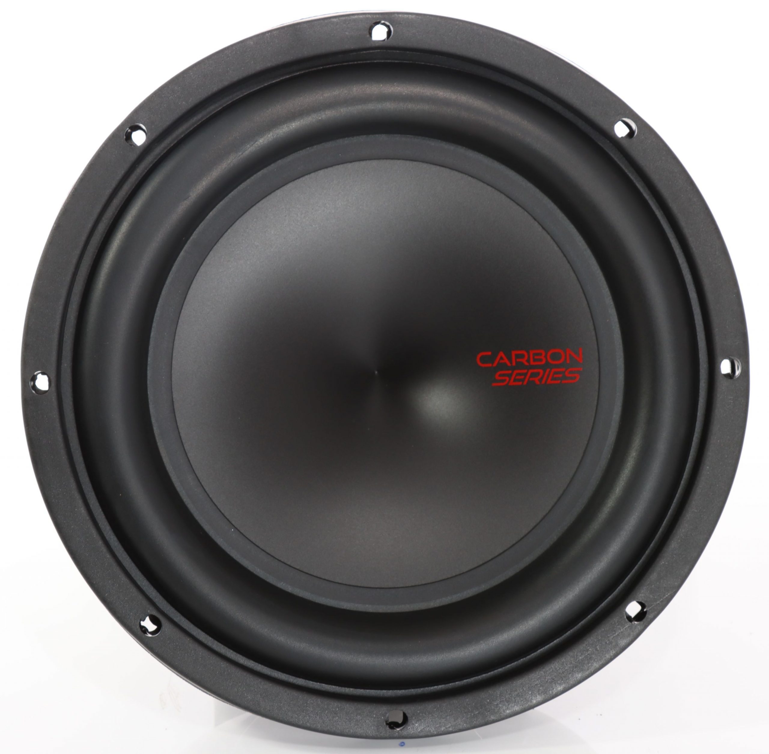 Schwarzer Subwoofer der Carbon Series mit rotem Logo auf der Membran